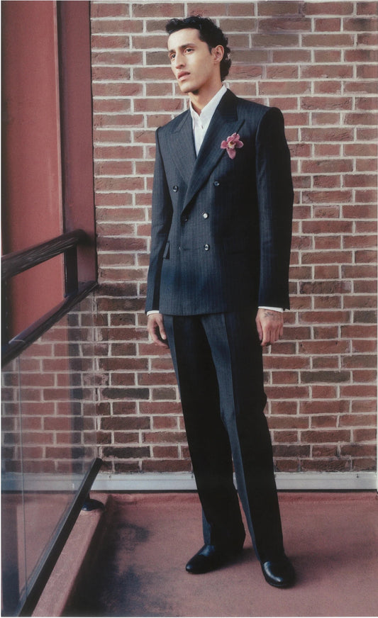 THE DOUBLE-BREASTED SUIT IN SUPER 120’S FOUR-SEASON WOOL - DARK GREY PINSTRIPES