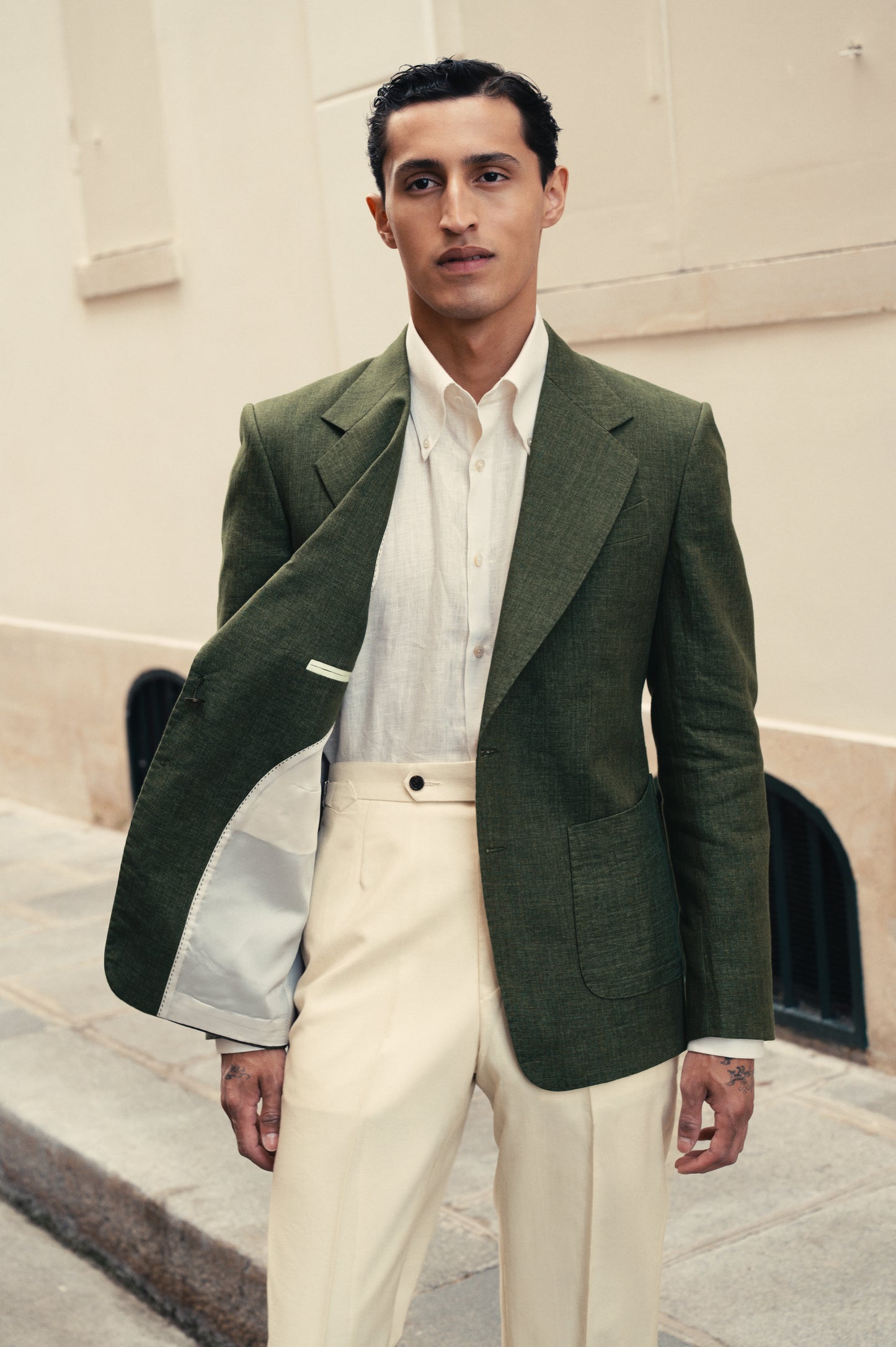 THE SINGLE-BREASTED JACKET IN LINEN - LODEN GREEN