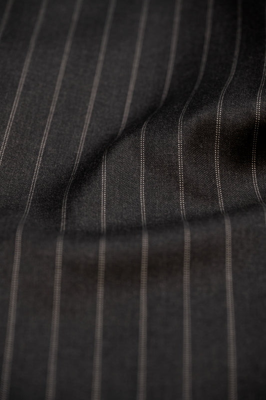 THE SINGLE BREASTED SUIT IN SUPER 110's WOOL  - DARK GREY WITH WHITE PIN STRIPES